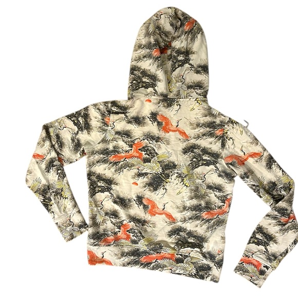 Lucky Brand Women’s Medium Hoodie Cranes Graphic Print Cream Brown Peach Cotton - Picture 3 of 4
